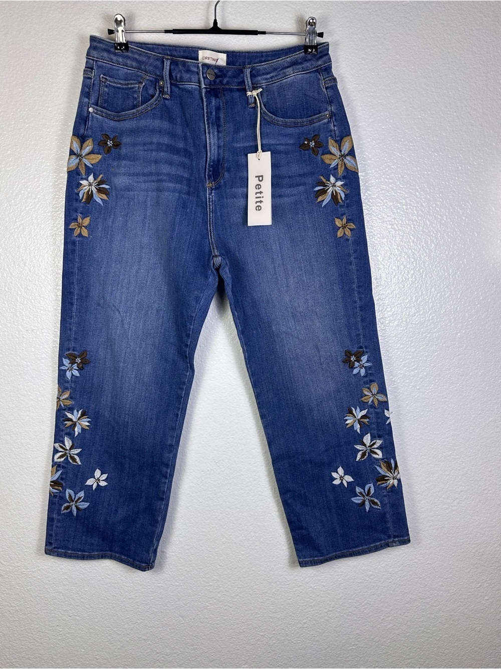 Driftwood Women's Petite Straight Blue Denim Floral Embroidered Jeans 14